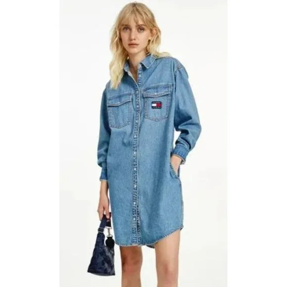Tommy Hilfiger | Jackets & Coats | Tommy Hilfiger Denim Blue Jean Shirt  Dress Jacket Snap Button Womens Size S Nwt | Poshmark